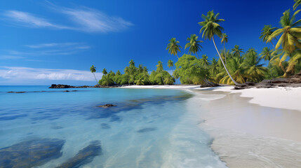 Une plage tropicale paradisiaque, avec du sable blanc comme neige s'étendant jusqu'à l'horizon, des palmiers se balançant doucement dans la brise marine, et des eaux cristallines où les vagues viennen