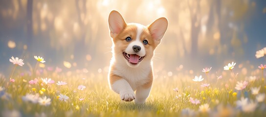 A cute and happy puppy running through the grass in summe