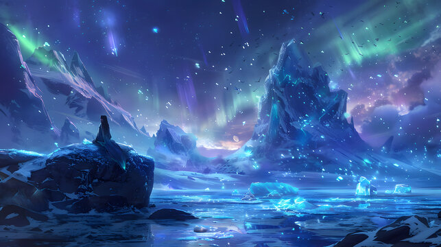 A mesmerizing glass painting of the sagacious empress and her goblin friend. resting on a rock amidst an endless sea teeming with bioluminescence