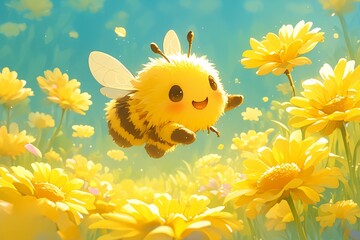 A cute bee flying in the garden - obrazy, fototapety, plakaty