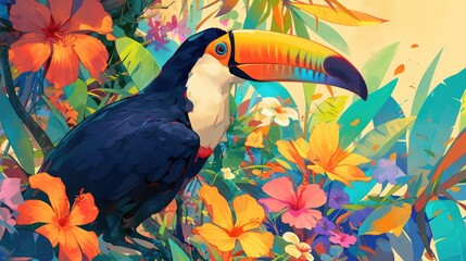 Naklejka premium A vibrant tropical backdrop adorned with exotic flowers and a colorful Toucan