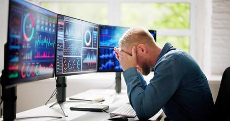 Unhappy Overwhelmed Business Man Looking At Dashboard