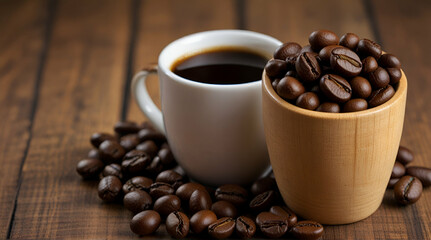 Fototapeta premium Cup coffee beans wooden, Generative.AI 