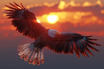Capture the elegance of a soaring eagle in vector art, showcasing its majesty against a minimalist geometric sunset backdrop