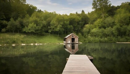 A tranquil lakeside with a rustic boathouse