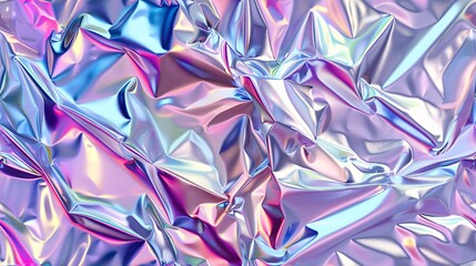 Smooth shimmering silver holographic wrinkled metallic vaporwave backdrop with stylish enamel pastel rainbow prism design. Vintage 1980s cyberspace or internetpunk conceptual digital visualization.