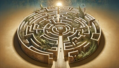 Mystical Sunlit Circular Maze Illustration
