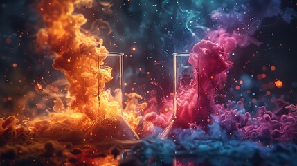 Explore the infinite possibilities of chemical reactions, where every collision gives rise to a new and mesmerizing spectacle. - obrazy, fototapety, plakaty