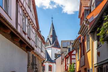 View of an old town, half-timbered houses and streets in a city. Idstein im Taunus, Hesse Germany - obrazy, fototapety, plakaty