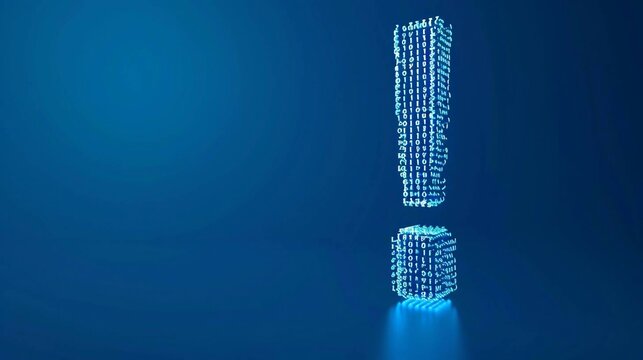 exclamation mark icon with glowing binary code on blue background , ai in alert systems, anomaly detection algorithms, emergency response coordination, and proactive risk management strategies. 