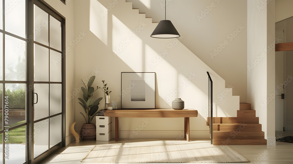 Poster a modern entryway with minimalist decor. featuring an open space under the staircase and a wooden co