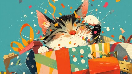 A whimsical greeting card featuring a playful tabby cat surrounded by charming gifts