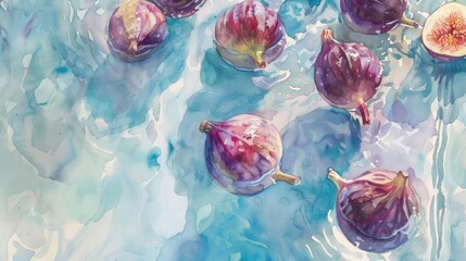 Watercolor depiction of figs floating gently in a pool of clear water