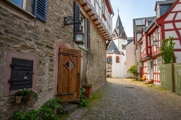 View of an old town, half-timbered houses and streets in a city. Idstein im Taunus, Hesse Germany