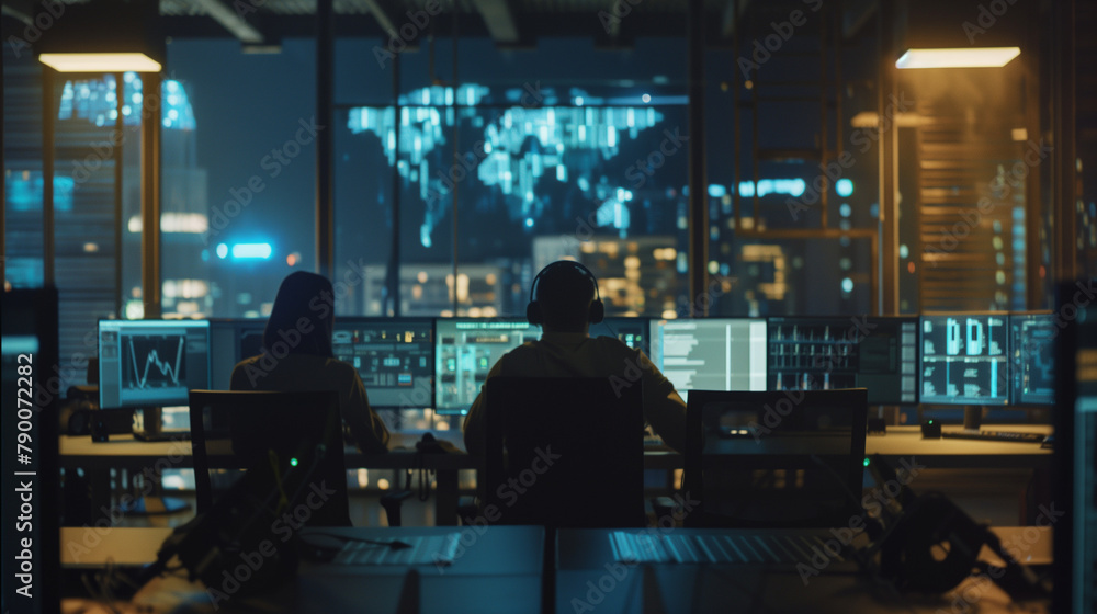 Poster cybersecurity professionals conduct a cyber attack simulation in a high-tech control room illuminate