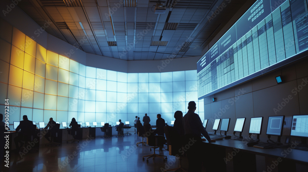 Aufkleber cybersecurity professionals conduct a cyber attack simulation in a high-tech control room illuminate