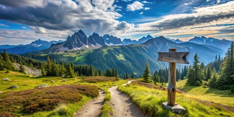 A wooden trail signpost stands amidst a panoramic view of the alpine wilderness, guiding hikers through scenic meadows and rocky terrain.