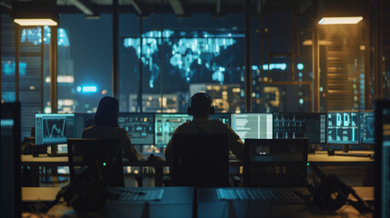 Naklejka premium Cybersecurity professionals conduct a cyber attack simulation in a high-tech control room illuminated by natural light from windows. , natural light, soft shadows, with copy space