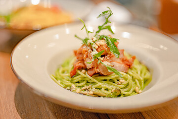 Pasta restaurant preparation, pasta restaurant interior, restaurant operations, pasta making, gastronomy, leisure activities, restaurant staff work, basil chicken pasta, fast food