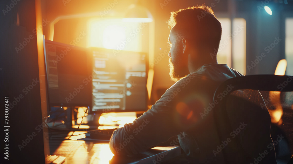 Poster an it professional practices responding to cyber attacks at a dual-monitor workstation, with sunligh