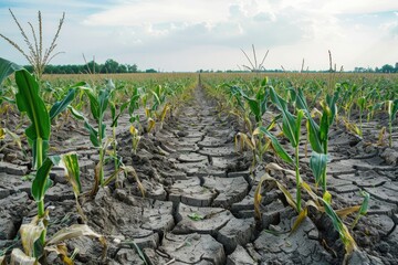 Dried cornfield field with cracked soil. - obrazy, fototapety, plakaty
