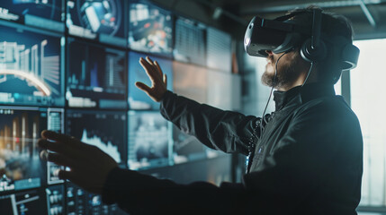 A professional uses virtual reality to train for cyber defense, creating a visually immersive experience in a room filled with natural light. , natural light, soft shadows, with co - obrazy, fototapety, plakaty