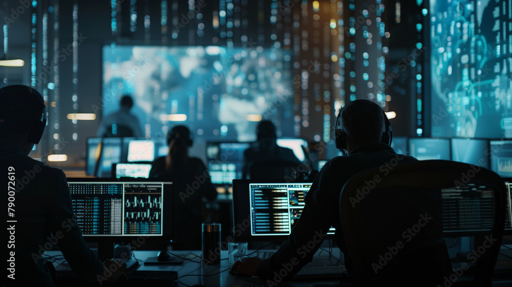 Poster a team monitors real-time cyber threats during a training session in a modern office setup, lit by t