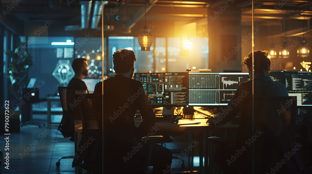 Poster a team monitors real-time cyber threats during a training session in a modern office setup, lit by t
