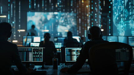 A team monitors real-time cyber threats during a training session in a modern office setup, lit by the natural light complementing the glow from computer screens. , natural light,