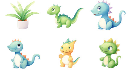 Obraz premium Adorable baby dinosaurs in watercolor, perfect for nursery decor, featuring cute, playful designs, ideal for a baby shower, watercolor, cartoon, transparent