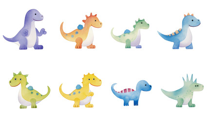 Adorable baby dinosaurs in watercolor, perfect for nursery decor, featuring cute, playful designs, ideal for a baby shower, watercolor, cartoon, transparent