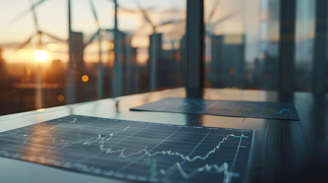 Detailed review of financial charts focused on renewable energy sectors on a minimalist table, illuminated by natural light. , natural light, soft shadows, with copy space