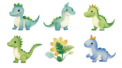 Naklejka premium Cute baby dinosaurs painted in soft watercolors, ideal for decorating a nursery or celebrating a new arrival, gentle and adorable, watercolor, cartoon