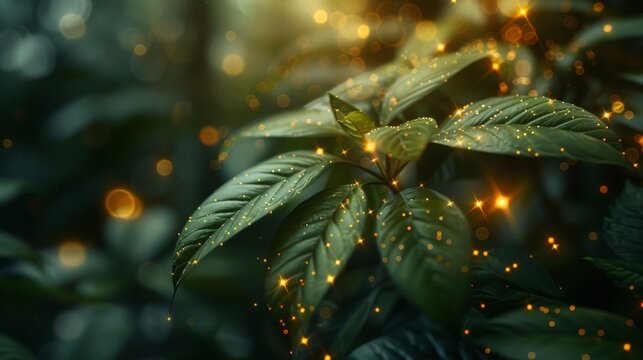 Fantasy forest plants with glowing light particles