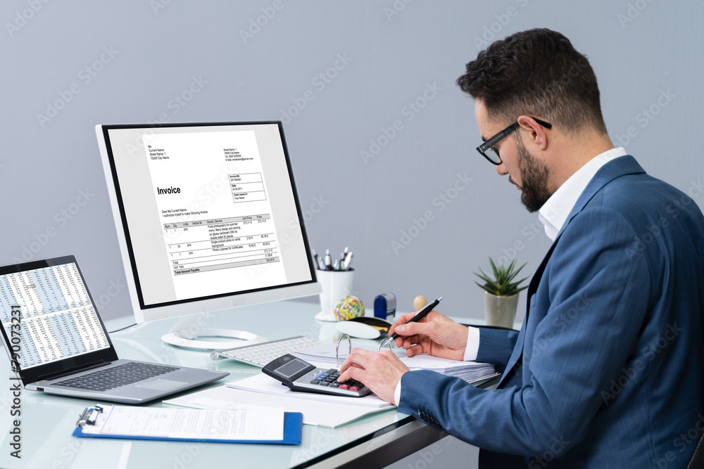 Poster accountant making invoice on computer
