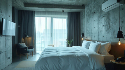 Modern style hotel room. Double bed. Comfortable, contemporary, stylish hotel room. Travel. Tourism. Vacation.