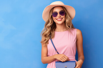 Young and stylish woman in fedora hat and sunglasses