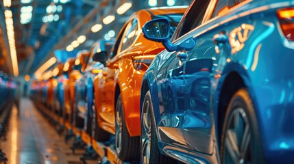 Blue cars lined up in automotive production line
