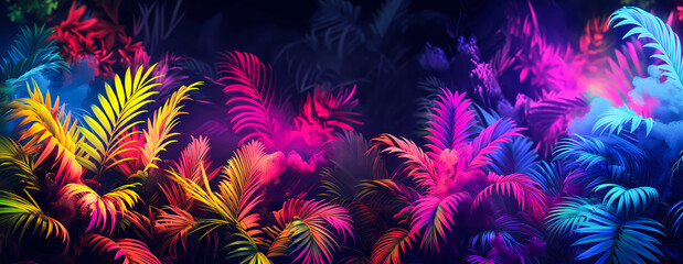 abstract psychedelic and surreal tropical jungle scenery, colorful neon wallpaper artwork with plants, shrubs and bush