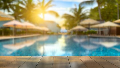 Fototapeta premium Abstract Poolside Oasis: Blurred Outdoor Swimming Pool Background