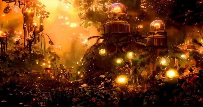 Post-apocalyptic garden with solar robots amid mist, steampunk gears casting twilight rays. Robotic plants