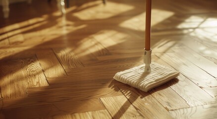 Parquet floor cleaning with mop. - obrazy, fototapety, plakaty