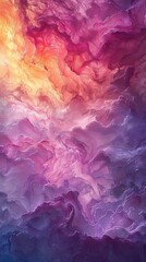 An abstract painting featuring vibrant shades of purple, yellow, and pink creating the illusion of a cloud-like formation - obrazy, fototapety, plakaty