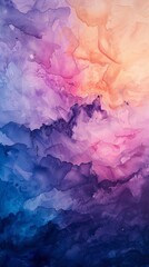 Brightly colored clouds of blue, pink, and purple swirl together in an abstract painting