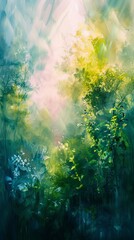 A detailed painting showcasing a dense forest filled with a myriad of trees in varying shades of green, creating a lush and vibrant scene