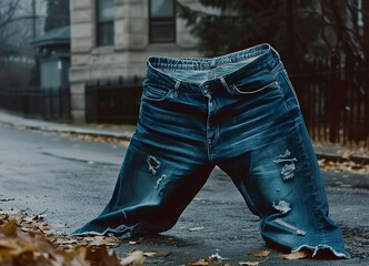 A Pair of Cut Off Jeans Standing in the Street in Fall.