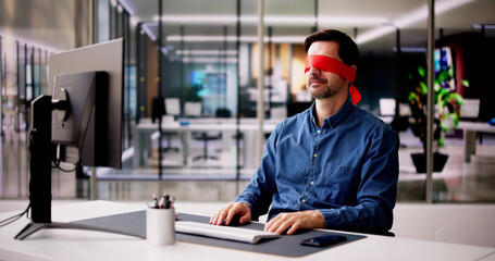 Confused Blindfolded Man Concept. Office Worker - obrazy, fototapety, plakaty