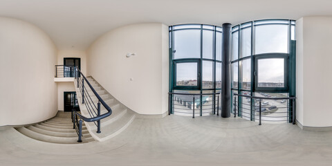 hdri 360 panorama view in empty modern hall near panoramic windows with columns, staircase and doors in equirectangular full spherical projection, ready for AR VR content