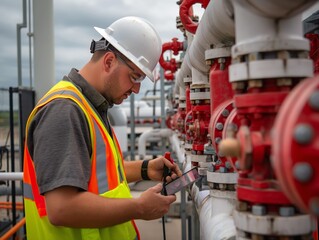 Technician checking pipeline systems in an industrial setting.