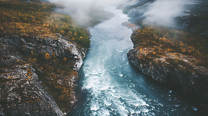 River canyon landscape in Sweden Abisko national park travel aerial view wilderness nature moody scenery